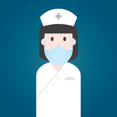 Health care professional worker. Woman. Nurse in white uniform with breathing mask, hair cap and name badge. Vector character.