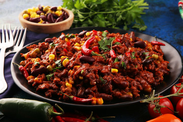Hot chili con carne. mexican food tasty and spicy wit beans