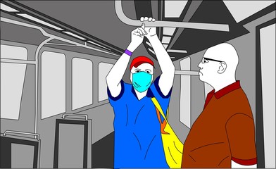 Man with a mask and another man without a mask. Together in public transport (train, subway or bus) in a time of pandemic