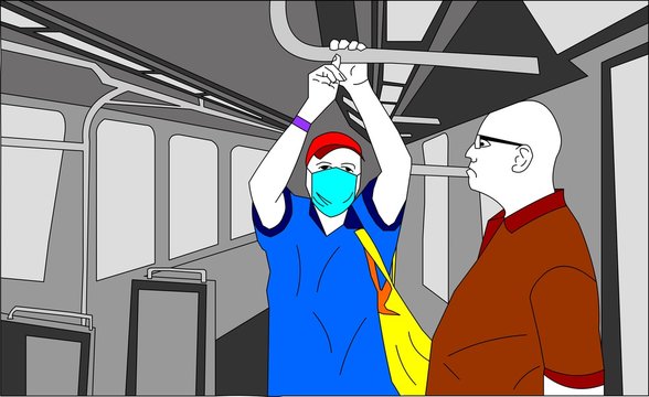 Man with a mask and another man without a mask. Together in public transport (train, subway or bus) in a time of pandemic