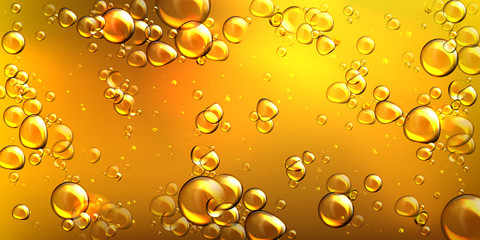 Yellow oil with air bubbles. Vector realistic underwater background of liquid argan, jojoba, castor or fish oil with glossy drops. Golden pattern of flowing bubbles in orange honey - obrazy, fototapety, plakaty