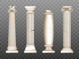 Obraz premium Baroque pillars, roman renaissance columns with cracks. Ancient classic ivory marble, stone greece classic architecture, antique interior colonnade facade design, Realistic 3d vector obelisks set