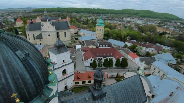 Aerial view of the historical center of Zhovkva, Lviv region, Ukraine. Shooting with FPV drone