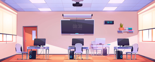 Computer class, open space office interior. Empty school, modern business workplace, room for coworking or studying. Cabinet with furniture, pc on desks, tv screen, windows cartoon vector illustration