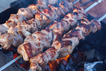 Juicy kebab of pork meat served on coals
