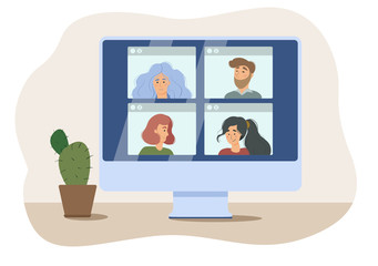 Stay and work from home. Video conference illustration. Workplace, laptop screen, group of people talking by internet. Stream, web chatting, online meeting friends. Coronavirus, quarantine isolation.