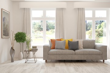 White living room with sofa and summer landscape in window. Scandinavian interior design. 3D illustration