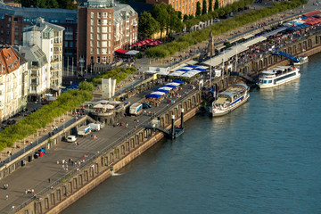 Obraz premium view of Dusseldorf top. Rhine river, ships, Rhine coast, summer Dusseldorf, rest at home