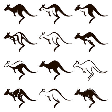 collection of black jumping kangaroo icon isolated on white background