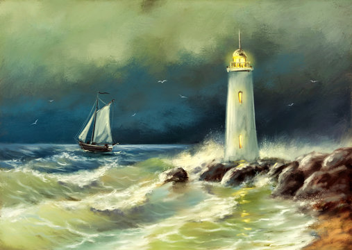 Oil paintings sea landscape, lighthouse on the coast of the sea. Fine art.