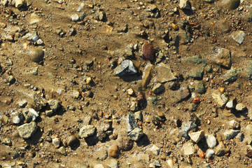 Small stones and sand. The natural texture of the soil. Shore of a reservoir with a beach and pebbles.