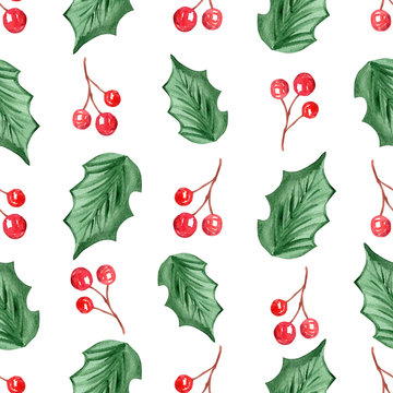 watercolor seamless holly berry pattern on white background. christmas wrapping paper, fabric, scrapbooking