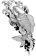 koi carp swimming upstream. Japanese gold fish with water waves. Tattoo . Black and white vector illustration