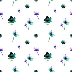 Watercolor seamless pattern, with abstract blue, purple anemone flowers on a white background. Ideal for printing onto fabric, web page backgrounds, social networks. Light delicate vintage pattern.