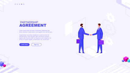 Trendy flat illustration. Partnership agreement page concept. Two businessmans handshake. Template for your design works. Vector graphics.