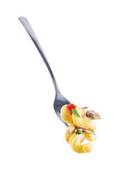 Roasted chicken mushroom pepper pasta on a white isolated background