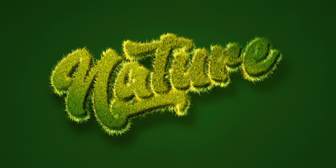 Nature - Schrift als Gras in 3D-Illustration für Umweltschutz, Wiederverwertung, Nachhaltigkeit