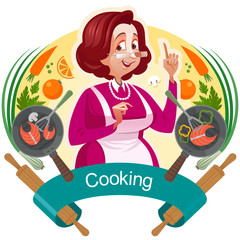 Mother teaches to cook. The symbolic image of the kitchen. Kitchenware.