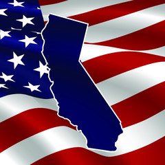 United States, California. Dark blue silhouette of the state on its borders on the background of the USA flag.