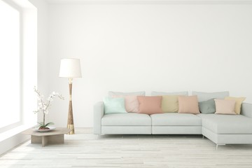 White living room with sofa. Scandinavian interior design. 3D illustration