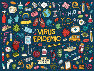 Hand drawn vector doodle set of Coronavirus Covid-19