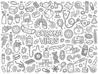 Hand drawn vector doodle set of Coronavirus Covid-19 outbreak. Ink style