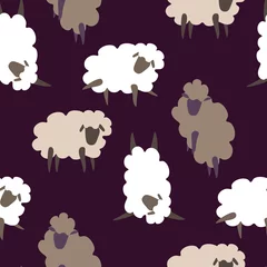 Schilderijen op glas funny sheep in different poses seamless pattern on a purple background © Liza