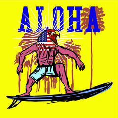 Aloha surfer palm tree print and embroidery graphic design vector art
