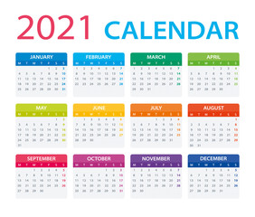 2021 Calendar - vector illustration,Monday to Sunday