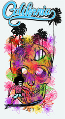Obraz premium Skull and colorful flowers print and embroidery graphic design vector art
