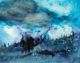 Watercolor painting of an abstract landscape in blue with a storm cloud and forest.