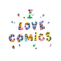 The inscription I love comics. Drawn font with hearts. Isolated on a white background. Modern style.