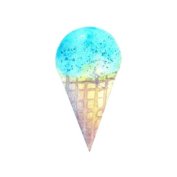 Mint ice cream in waffle cone, hand painted watercolor. Food illustration isolated on white background. Can be used as poster, print, cards, fashion and clothes decoration and ice cream shop logo.