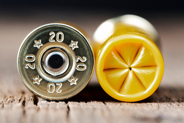 Selective approach of 20-gauge shotgun cartridges used for hunting, on a wooden table