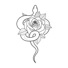 Hand drawing outline snake with rose. Tattoo snake for Henna drawing and tattoo template. Vector illustration