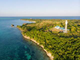 Aerial view on Lighthouse at Ras Kigomasha peninsula. The northern part of Pemba Island, Zanzibar. Tanzania. Africa.