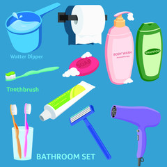Bathroom Set Object (Toothbrush, Soap, Shampoo, Toothpaste, Water Dipper,Hand Wash, Tissue, Shave Razor, Hair Dryer) Illustration Vector isolated in Blue Background