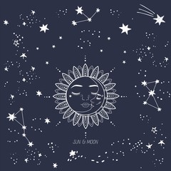 Linear drawing of sleeping sun and moon with lettering. Greeting card, good night, sweet dreams, outer space with falling stars, star dust and constellations