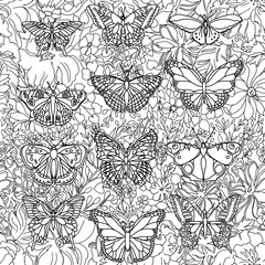 Seamless floral pattern with butterflies. Coloring book. Page antistress coloring. Coloring book for adults. Page coloring for adults