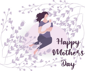 Obraz na płótnie Canvas Happy Mother’s day design greeting card. Vector illustration good for the mom holiday,poster,banner,invitation,postcard,wallpaper,background, brochure.Mother character holding baby on her hands
