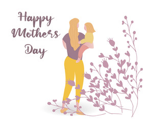 Happy Mother’s day design greeting card. Vector illustration good for the mom holiday,poster,banner,invitation,postcard,wallpaper,background, brochure.Mother character holding baby on her hands