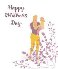 Happy Mother’s day design greeting card. Vector illustration good for the mom holiday,poster,banner,invitation,postcard,wallpaper,background, brochure.Mother character holding baby on her hands