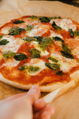 People hand holding a fresh homemade pizza with pesto, basilic and mozzarella cheese with tomato sauce
