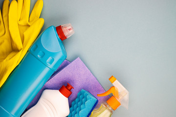 set of cleaning products for General cleaning and maintenance of cleanliness, top view. household...