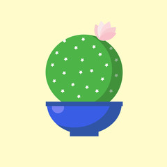 Cute round cactus with pink flower in a blue semicircular pot. Flat illustration