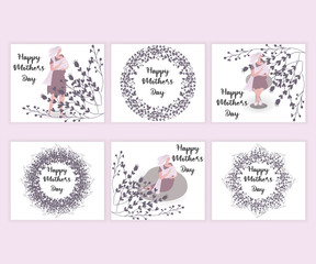 Set of Happy Mother’s day design greeting card.Vector illustration good for the mom holiday,poster,banner,invitation,postcard,wallpaper,background, brochure.Mother character holding baby on her hands