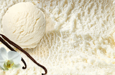 Scoop of vanilla ice cream and vanilla beans from top view on icecream background