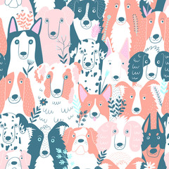 Seamless vector pattern with cute hand drawn dogs and flowers. Dogs different breeds. Husky, Dalmatian, bulldog, spaniel, doberman. Perfect for kids apparel, textile, nursery, wrapping paper