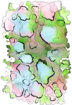 Abstract puddle hand drawn card. Watercolor and line art. Good for card, print, cover, poster