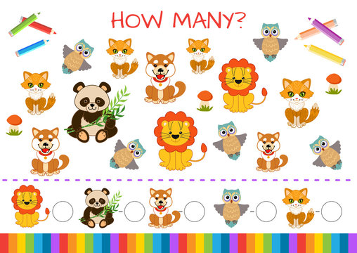 Mini-game for children: how many. Set of funny characters: lion, panda, dog, owl, cat. Vector illustration for kids.